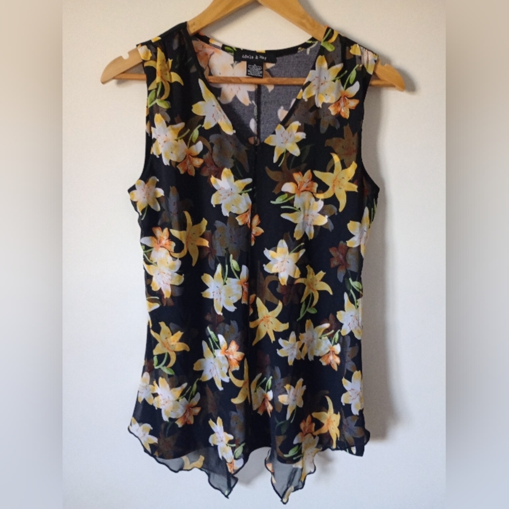 Adele & May Black and Yellow Floral Tropical Top with Sheer Overlay Size Small - Picture 2 of 12